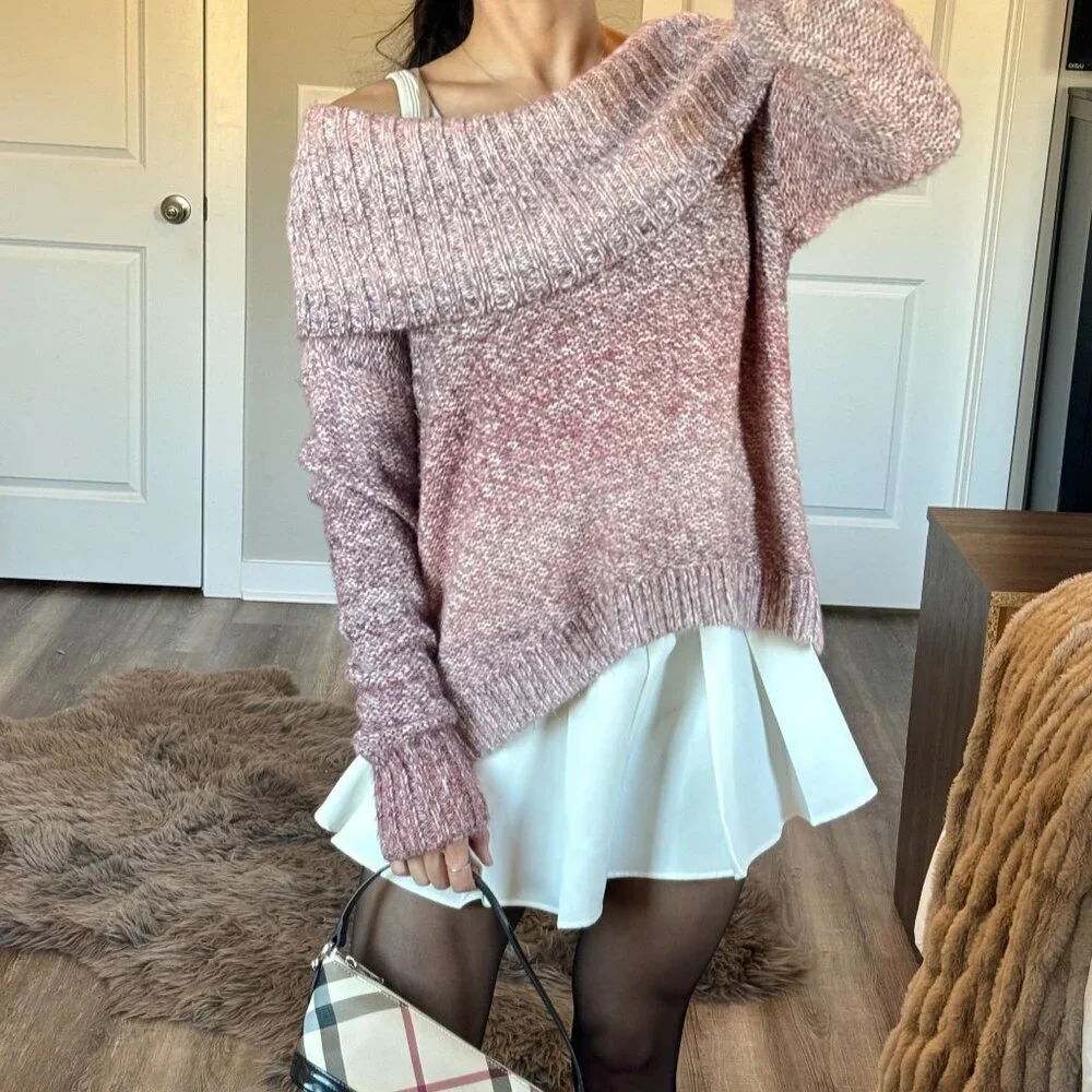 American Eagle Off The Shoulder Pink Sweater Knit Metallic Coquette Balletcore